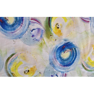 10cm Viscosejersey buntes Sommermuster KREISE GELB/BLAU  (Grundpreis €10,00/m)
